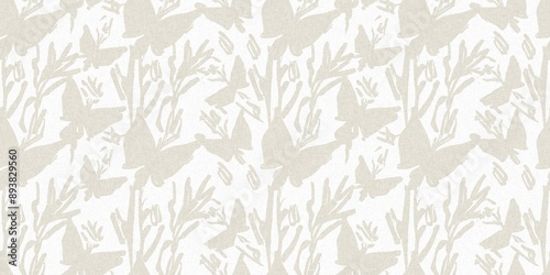 Seamless french gender neutral floral linen printed fabric border background. Light mottled white on grey cottage core block print pattern. Shabby chic woven duotone cloth effect. 