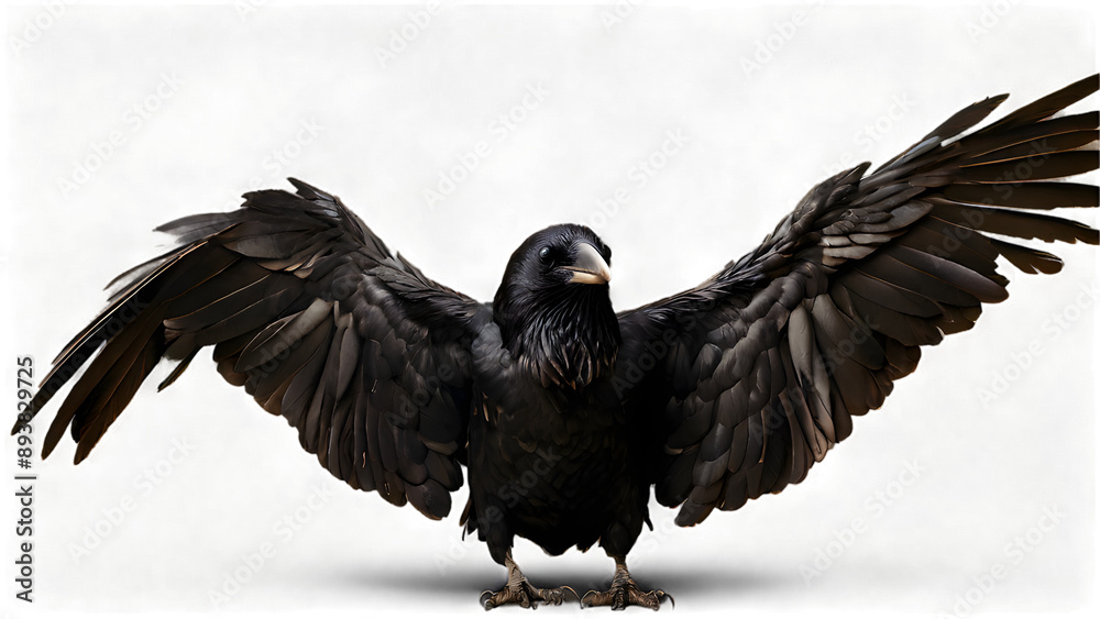 Obraz premium Isolated Image of a Raven on a White Background Showing Detailed Black Feathers 