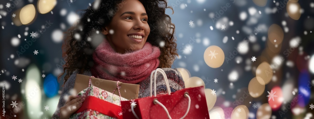 In the snowfall, a woman is happily celebrating the festive spirit while shopping for the joyful holiday season. The atmosphere is cheerful and filled with the essence of Christmas In the snowfall, a woman is happily celebrating the festive spirit while shopping for the joyful holiday season. The atmosphere is cheerful and filled with the essence of Christmas