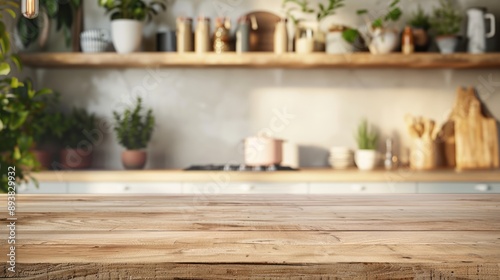 Scandinavian-style kitchen backdrop with empty wooden table for product display or mockup © Lasvu
