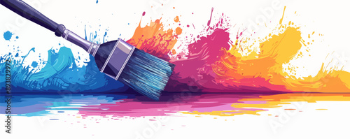 A paintbrush, its bristles loaded with vibrant colors, ready to bring imagination to life, resting on a clean white surface. Vector flat minimalistic isolated illustration.