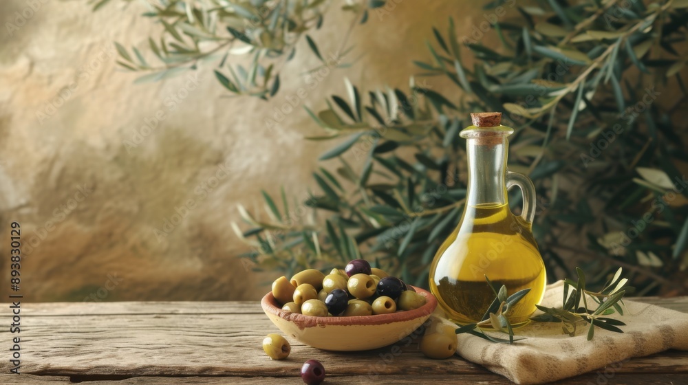 A bottle of olive oil accompanied by a bowl of assorted olives A bottle of olive oil accompanied by a bowl of assorted olives