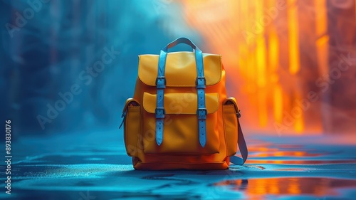 Vibrant Yellow Backpack in Futuristic Urban Setting with Neon Lights and Misty Atmosphere, Perfect for Travel and Adventure Themes photo