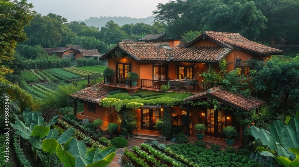 Fototapeta premium Charming Rustic House Surrounded by Lush Greenery and Gardens in a Serene Countryside Setting