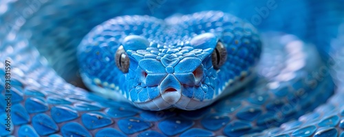 Macro shot of blue snake. Beautiful extreme close-up of blue pit viper. Exotic animal. Wildlife and wild nature concept. Banner, wallpaper. 