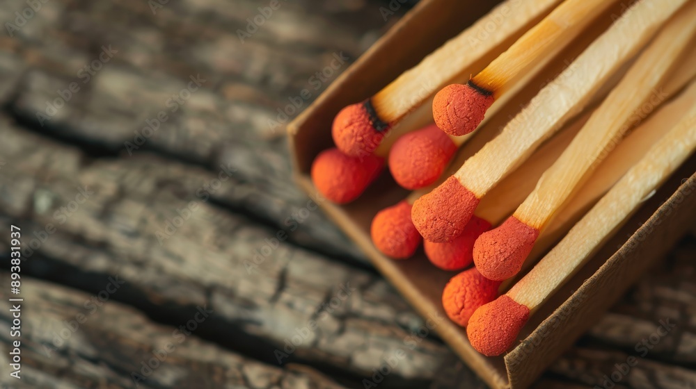 Matchsticks in open matchbox on wooden background close up shot Matchsticks in open matchbox on wooden background close up shot