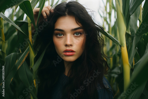 beautiful portrait of a black haired woman in a corn field, beautiful woman portrait