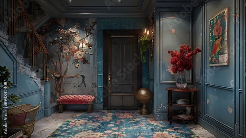 A beautifully designed hallway features intricate floral wallpaper, a stylish bench, vibrant floral decor, and elegant furnishings, creating a warm and inviting atmosphere. 