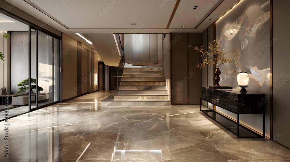 A modern and luxurious interior space featuring elegant marble flooring, stylish decor, and well-lit areas that exemplify contemporary design aesthetics. A modern and luxurious interior space featuring elegant marble flooring, stylish decor, and well-lit areas that exemplify contemporary design aesthetics.