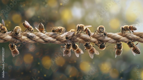 Collaborative effort: bees working as a team, united in holding a rope photo