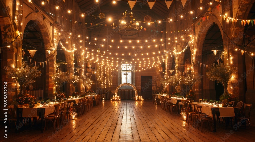 Fototapeta premium A rustic wedding reception hall decorated with string lights flowers and candles