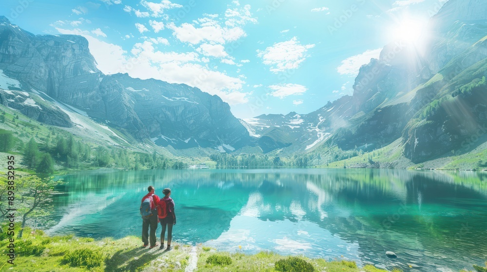 Couple travel banner landscape happy hikers in summer Alps lake view, Two travel hikers standing in front of the lake in the mountains on a sunny day Couple travel banner landscape happy hikers in summer Alps lake view, Two travel hikers standing in front of the lake in the mountains on a sunny day