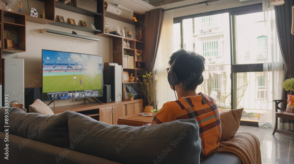 Fototapeta premium Boy Playing Soccer Video Game at Home