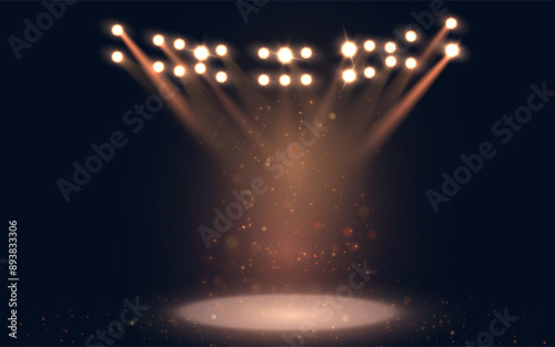 Stage spotlight. Bright colorful rays of light from spotlights with empty space for the stage. Beautiful template for presentation of promotions, awards, gambling, web design.