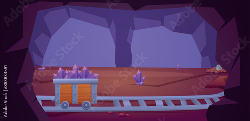 Mining cave with jewelry. Wooden trolley on rails, gem stones. Cartoon tunnel in mountain with crystals and nuggets, vector background