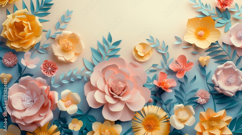 A closeup view of paper flowers and leaves arranged in a delicate pattern A closeup view of paper flowers and leaves arranged in a delicate pattern