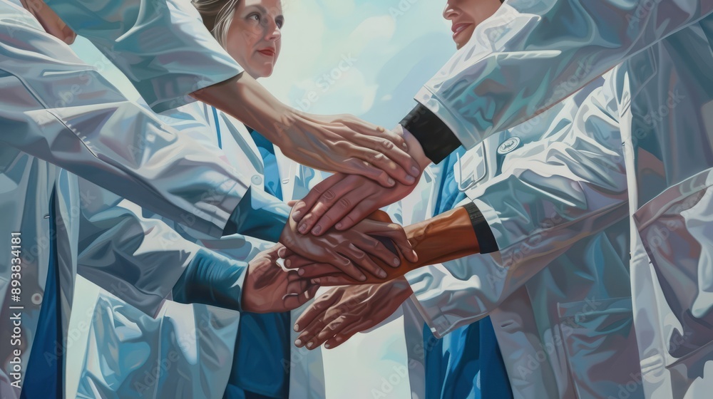 Obraz premium Group of medical professionals in scrubs and white coats, putting their hands together in a unified gesture