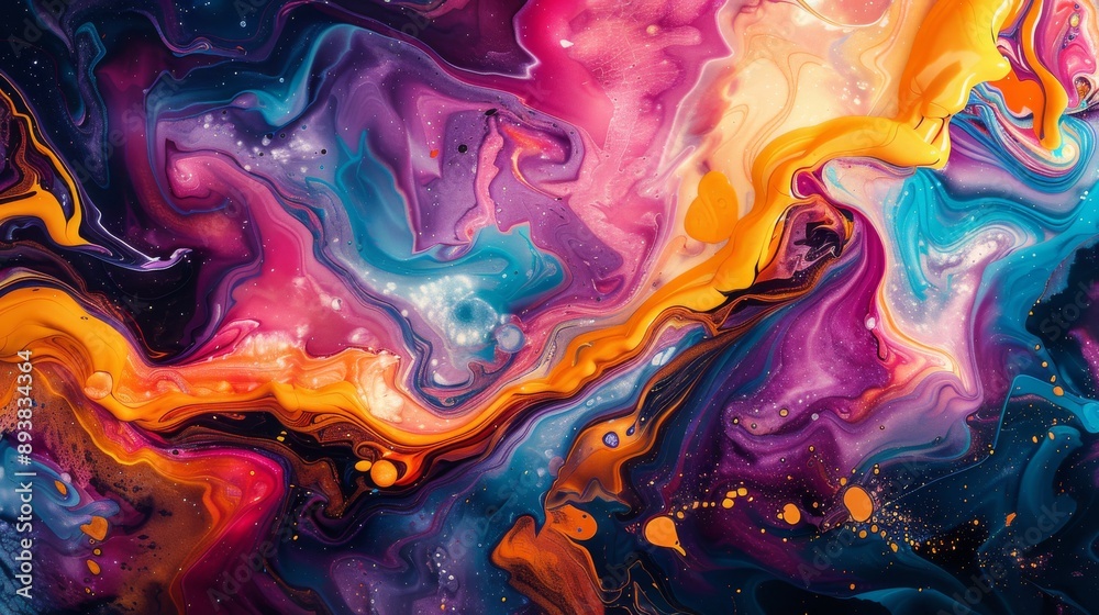 A vibrant abstract painting featuring swirling colors and glistening particles reminiscent of a cosmic landscape