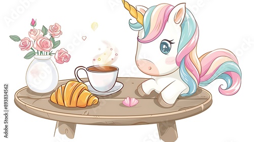 Cute Unicorn Enjoying Breakfast with a Cup of Coffee and a Croissant