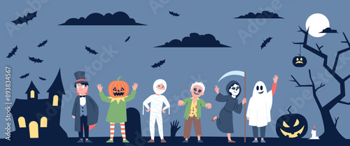 Happy halloween kids banner. Children in costumes ghost vampire death zombie mummy stand on spooky cemetery or in dark forest, recent vector scene