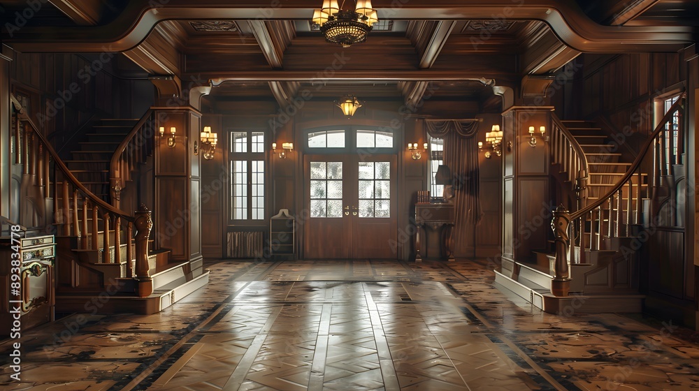 A grand and elegantly designed foyer featuring ornate wooden staircases, polished marble floors, and classic chandeliers, conveying luxury and sophistication. A grand and elegantly designed foyer featuring ornate wooden staircases, polished marble floors, and classic chandeliers, conveying luxury and sophistication.