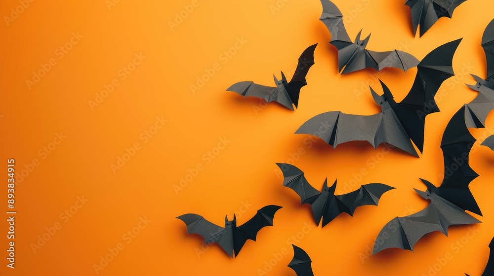 Flying black paper bats over orange background for Halloween Flying black paper bats over orange background for Halloween