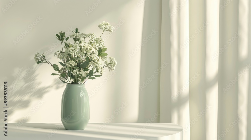 Minimalistic green flower bouquet in green vase on white table as greeting for her designed by florist Minimalistic green flower bouquet in green vase on white table as greeting for her designed by florist