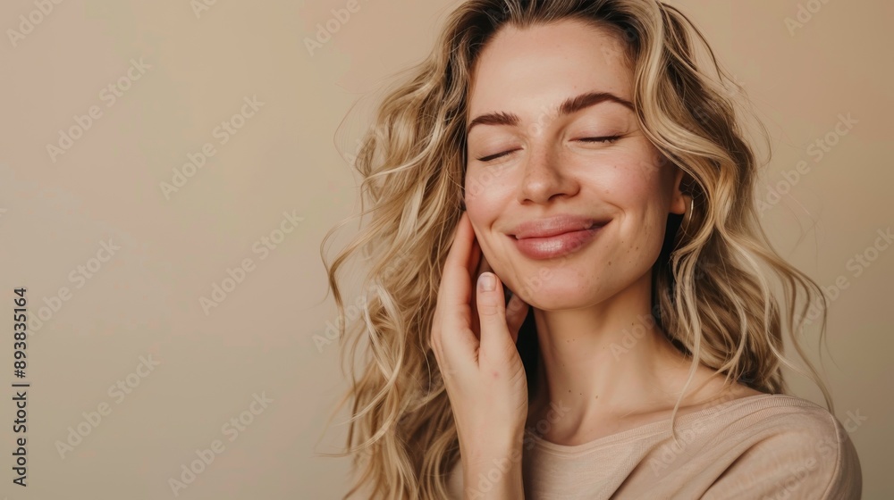 Naklejka premium beauty portrait of a beautiful woman touching her beautiful, healthy skin with her hands, facial care concept