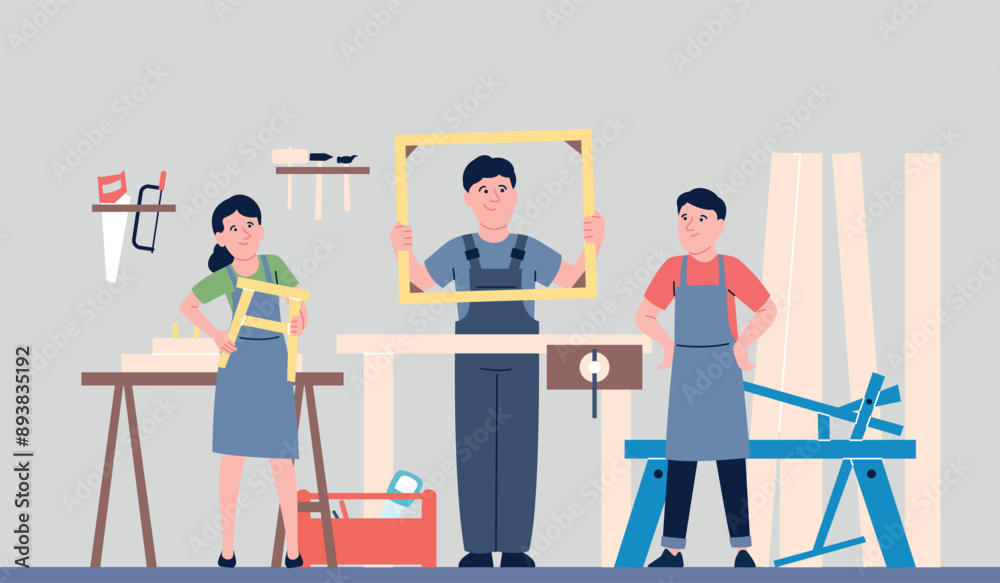 Carpentry workshop. Teacher and students working with wooden materials. School handycraft education, carpenter at work recent vector scene Carpentry workshop. Teacher and students working with wooden materials. School handycraft education, carpenter at work recent vector scene