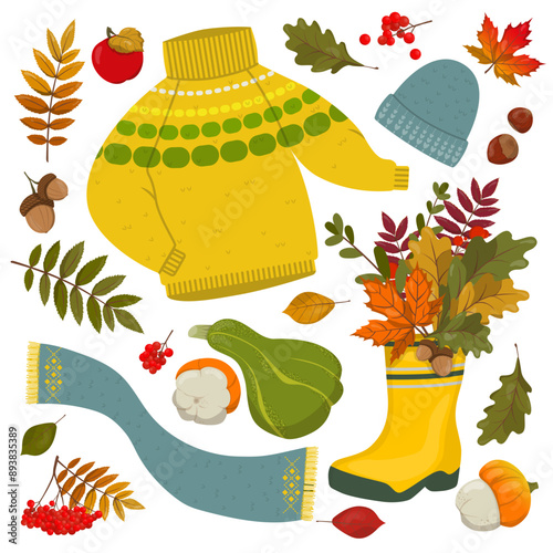 ПечVector set of autumn illustrations sweater, falling leaves, boot with bright leaves, book and cup of hot coffee. Autumn, Thanksgiving, trendy backgrounds with beautiful leaves. Abstract templateать