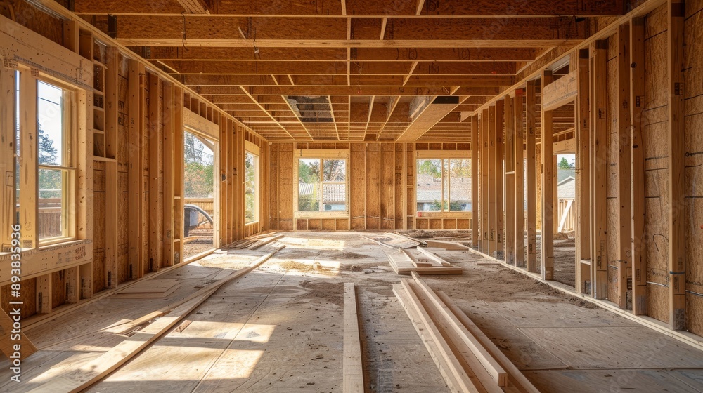 A glimpse into the skeletal frame of a new house showcasing the wood framing and unfinished interior A glimpse into the skeletal frame of a new house showcasing the wood framing and unfinished interior