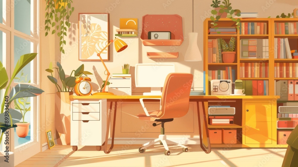 An illustration of a home office with a standing desk and ergonomic chair An illustration of a home office with a standing desk and ergonomic chair