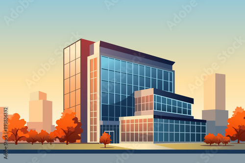 Modern office building with beautiful trees and parking lot against the backdrop of the business district. Business center with glass windows or shopping center and city. Vector illustration.