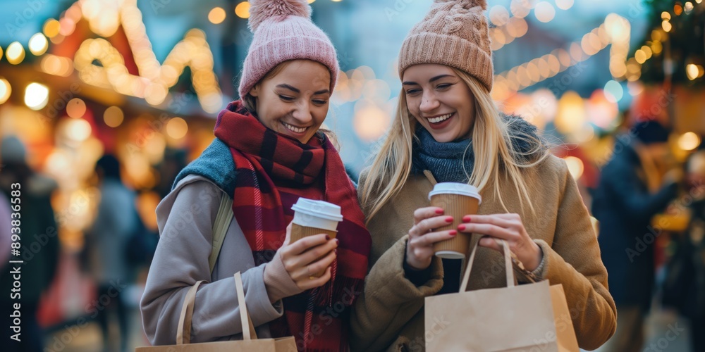 Obraz premium Joyful Friends Enjoying a Winter Holiday Market with Hot Drinks