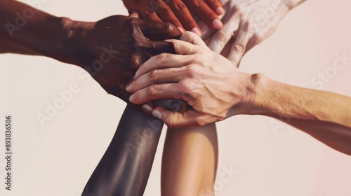 People of different ethnicities and genders holding hands and working cooperatively together. Symbolizing diversity photo