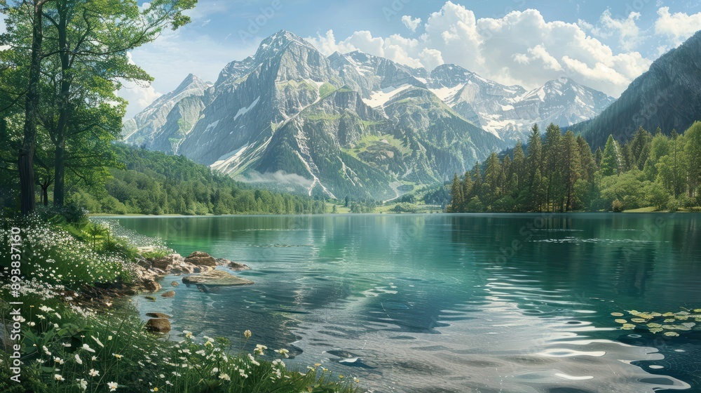romantic summer landscape with lake and mountains romantic summer landscape with lake and mountains
