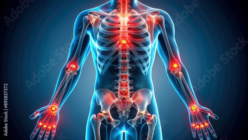 Illustration of rheumatism afflicted body parts with pain zones highlighted in red, depicting suffering joints and skeletal system. photo