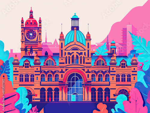 Risograph vibrant riso print travel poster, card, wallpaper or banner illustration, modern, isolated, clear, simple of Leeds, United Kingdom. Artistic, screen printing, stencil