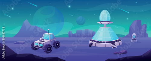 Space station on planet. Research futuristic building and scientific rover. Exploration mission, galaxy adventures and travel nowaday vector background