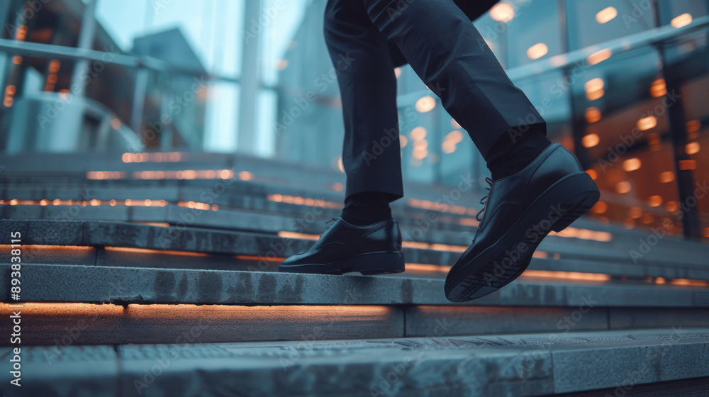 Fototapeta premium Career ladder. A man in a business suit is walking up the stairs. Ambition concept with businessman climbing stairs. Legs close-up, rear view. Career growth.