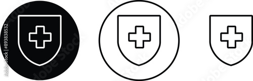 Medical health protection shield cross icons set. Protected shield concept. Safety badge vector. Privacy metal banner shield. Security safeguard metal label. Presentation chrome sticker shape.