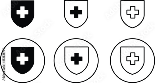 Medical health protection shield cross icons set. Protected shield concept. Safety badge vector. Privacy metal banner shield. Security safeguard metal label. Presentation chrome sticker shape.