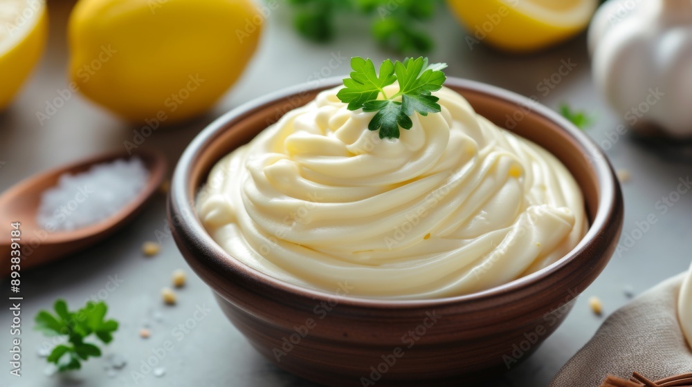 Homemade mayonnaise in a small bowl with a spoon Homemade mayonnaise in a small bowl with a spoon