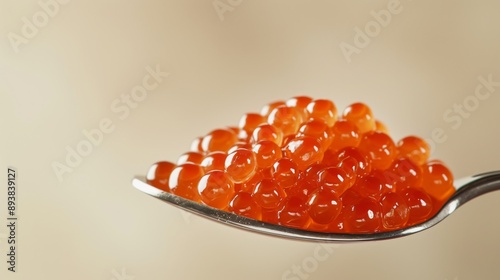 Red caviar on a silver spoon against a neutral background