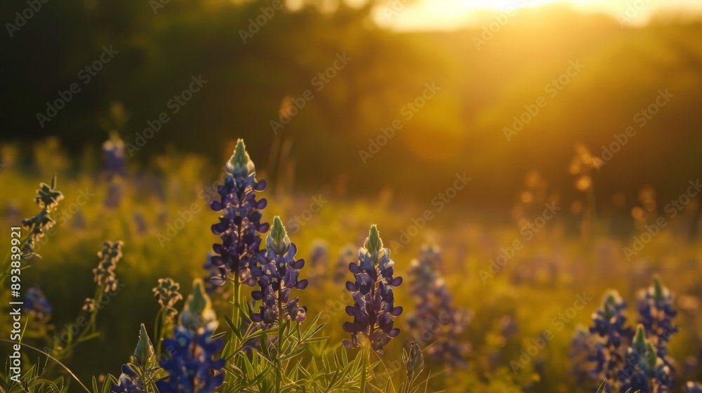 Obraz premium Texas bluebonnet field bathed in the golden light of sunrise