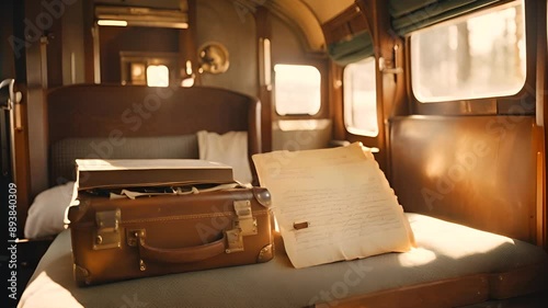 Retro leather travel suitcase in a train car, book, letter. Retro travel