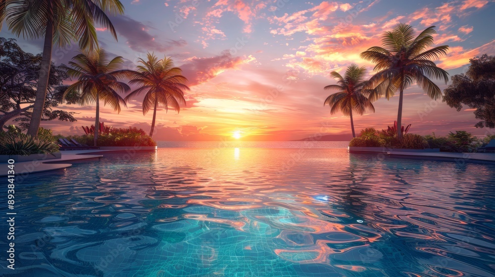Tranquil Pool Reflecting a Vibrant Sunset Over a Tropical Paradise Tranquil Pool Reflecting a Vibrant Sunset Over a Tropical Paradise