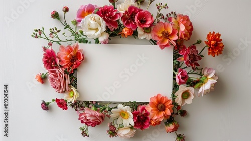 A blank white card surrounded by a delicate circle of pink red and orange flowers