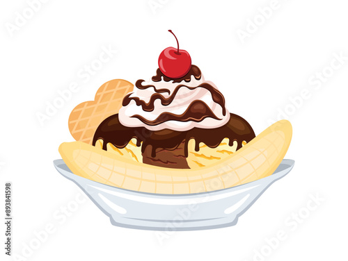 Classic Banana Split Ice Cream Sundae vector illustration. Banana split ice cream boat sundae icon isolated on a white background. Ice cream sundae with banana, whipped cream and wafer drawing