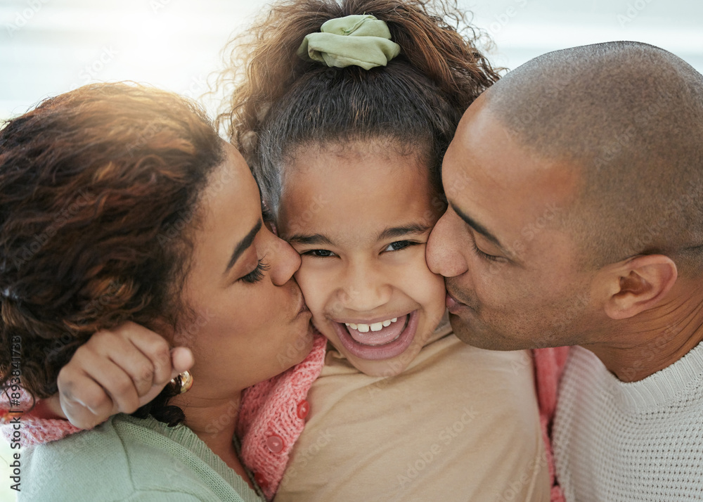 Family, kiss and portrait in home for laughing, care and support in relationship for happiness. Parents, daughter and relax together for love, embrace and security in living room for child affection Family, kiss and portrait in home for laughing, care and support in relationship for happiness. Parents, daughter and relax together for love, embrace and security in living room for child affection